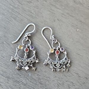 Elegant Sterling Silver Marcasite Chandelier Earrings with Mulitcolor Stones